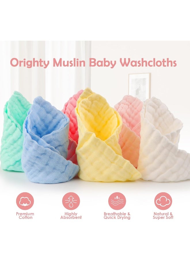 Orighty Muslin Baby Washcloths Pack of 6 - Soft Face Cloths for Newborn, Absorbent Baby Bath and Face Towels, 100% Cotton Baby Wipes, Burp Cloths, Feeding Towels for Babies and Infants - 10 x 10’’