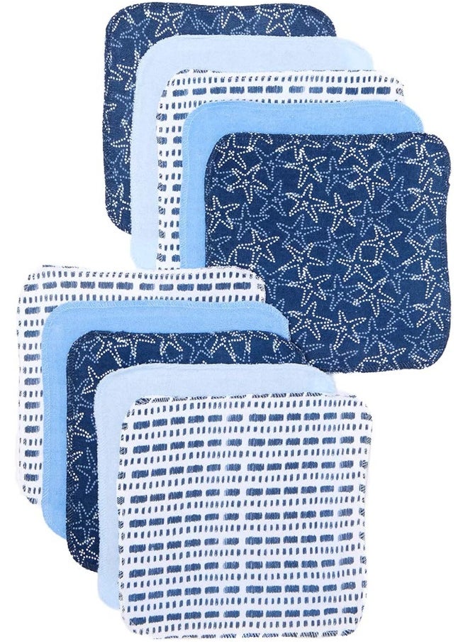 Spasilk Washcloth Wipes Set for Newborn Boys and Girls, Soft Terry Washcloth Set, Pack of 10, Blue Starfish