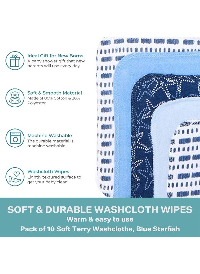 Spasilk Washcloth Wipes Set for Newborn Boys and Girls, Soft Terry Washcloth Set, Pack of 10, Blue Starfish