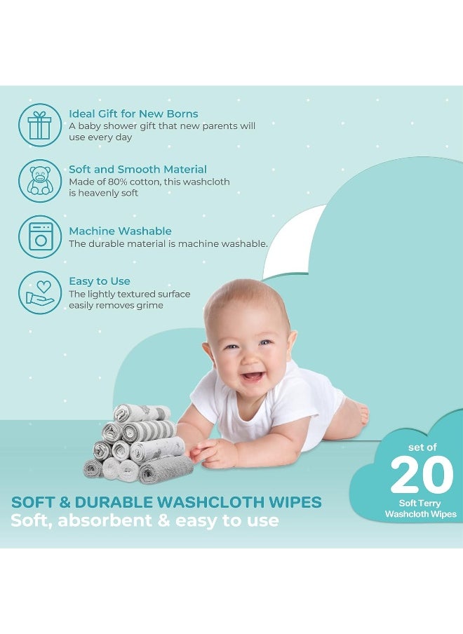 Spasilk Washcloth Wipes Set for Newborn Boys and Girls, Soft Terry Washcloth Set, Pack of 20, Gray Celestial