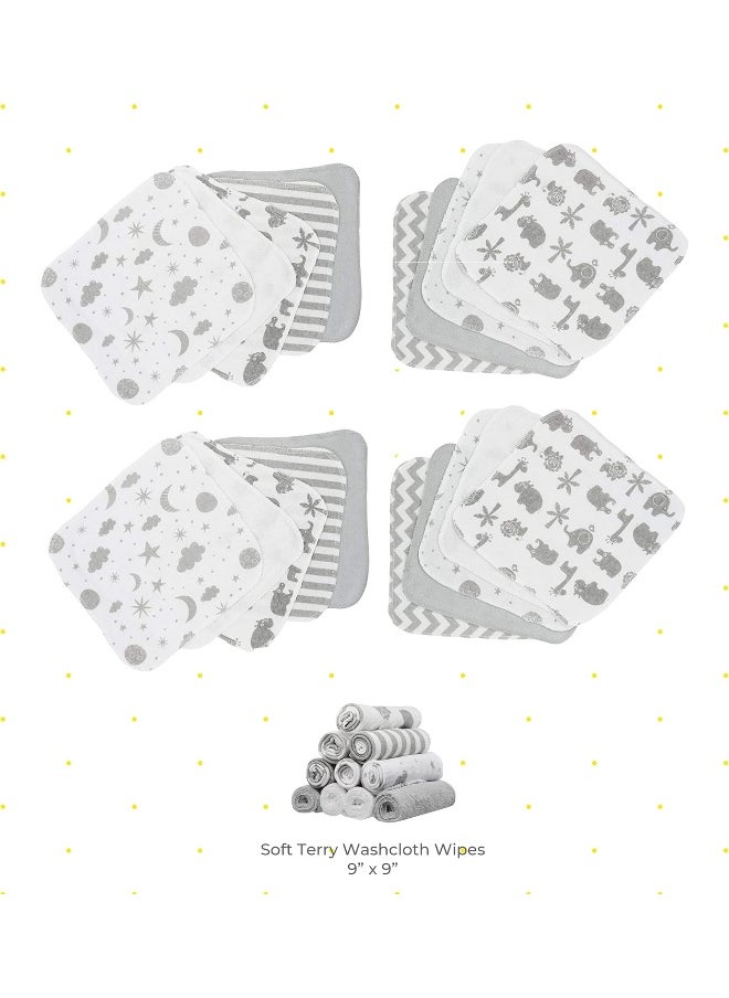 Spasilk Washcloth Wipes Set for Newborn Boys and Girls, Soft Terry Washcloth Set, Pack of 20, Gray Celestial