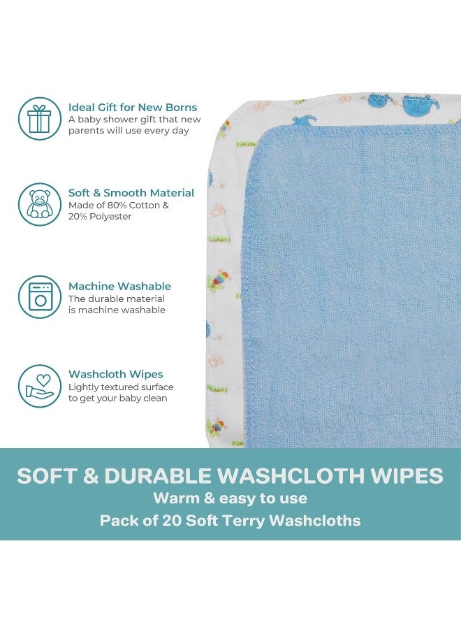 Spasilk Washcloth Wipes Set for Newborn Boys and Girls, Soft Terry Washcloth Set, Pack of 20, Blue Elephant