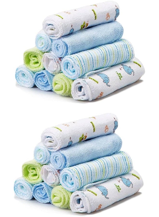 Spasilk Washcloth Wipes Set for Newborn Boys and Girls, Soft Terry Washcloth Set, Pack of 20, Blue Elephant