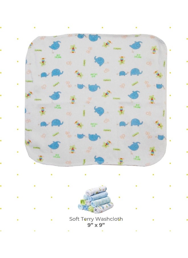 Spasilk Washcloth Wipes Set for Newborn Boys and Girls, Soft Terry Washcloth Set, Pack of 20, Blue Elephant