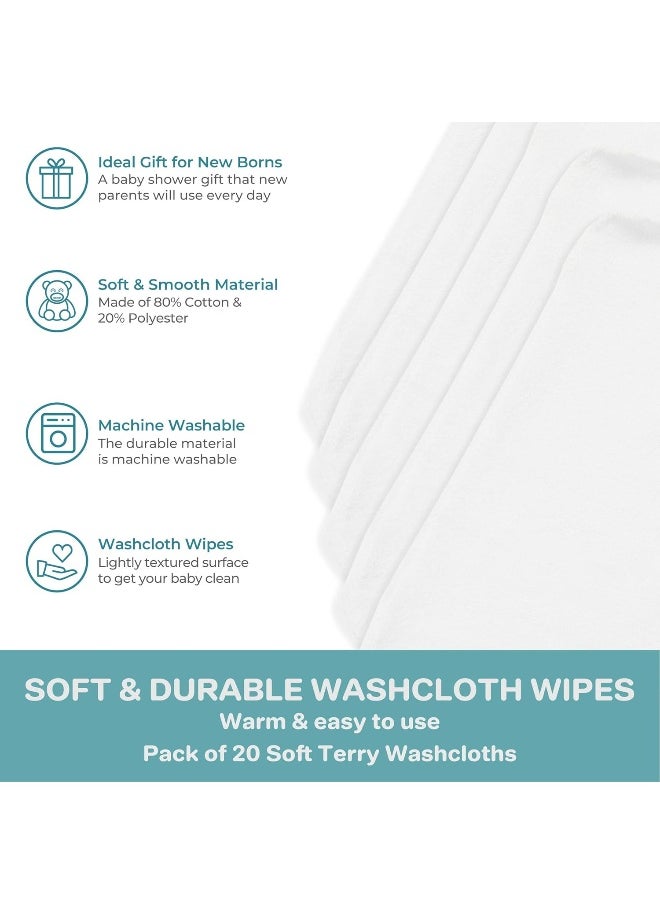 Spasilk Washcloth Wipes Set for Newborn Boys and Girls, Soft Terry Washcloth Set, Pack of 20, White