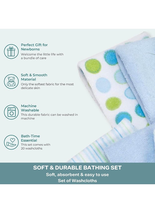 Spasilk Washcloth Wipes Set For Newborn Boys And Girls, Soft Terry Washcloth Set-Pack Of 20, Blue Dot