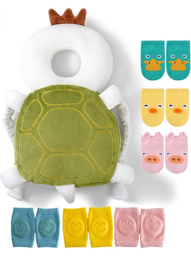 JunNeng Toddler Baby Head Protector Pad Safety Cushion with Knee Pads & Anti-Slip Sock, Turtle