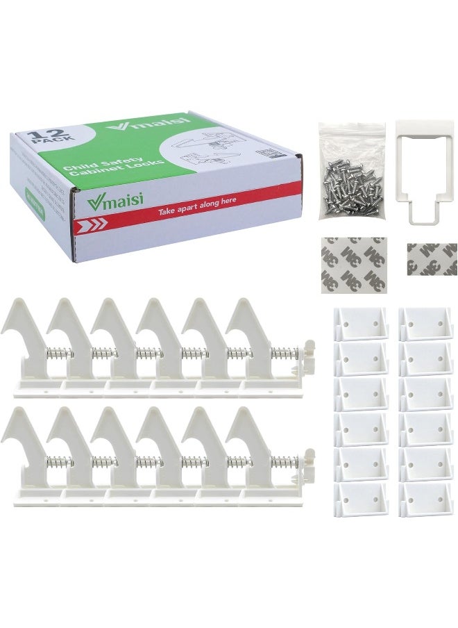 vmaisi Cabinet Locks Child Safety Latches - 12 Pack Baby Proofing Cabinets Drawer Lock with Adhesive Easy Installation - No Drilling or Extra Screws Fixed