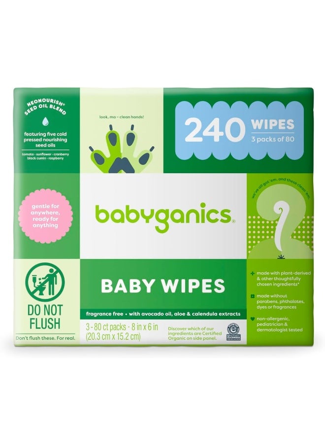 Babyganics Baby Wipes, Unscented Diaper Wipes, 240 Count, (3 Packs of 80), Non-Allergenic and formulated with Plant Derived Ingredients