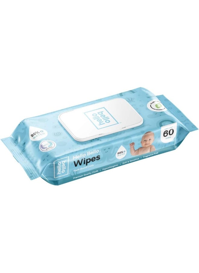 Hello Bello Baby Wipes - Hypoallergenic, pH-Balanced & Super Soft for Sensitive Skin - Unscented & Plant-Based Cloth - 60 Count (Pack of 6)