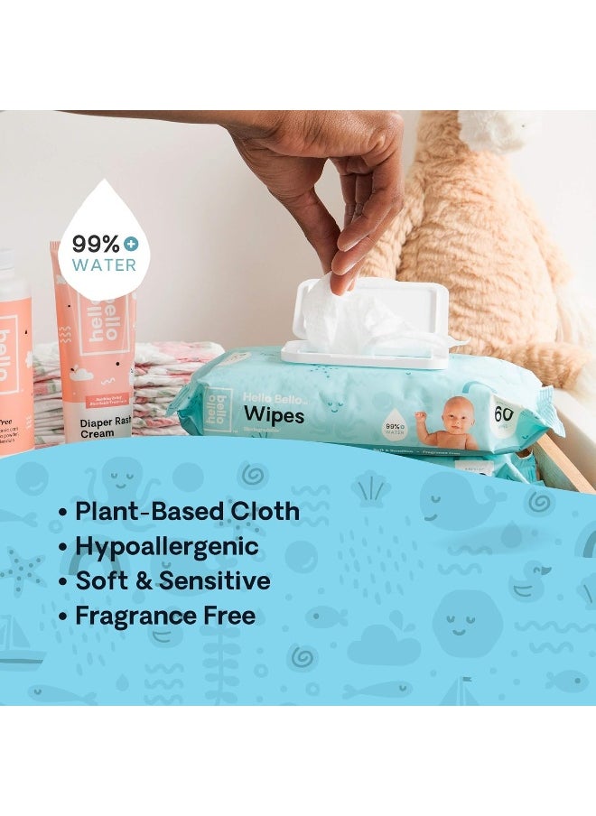 Hello Bello Baby Wipes - Hypoallergenic, pH-Balanced & Super Soft for Sensitive Skin - Unscented & Plant-Based Cloth - 60 Count (Pack of 6)