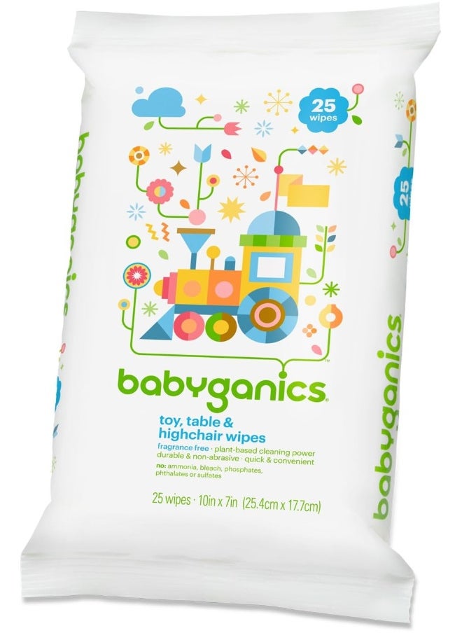 Babyganics Toy Table and High Chair Wipes, Fragrance Free, 25 ct