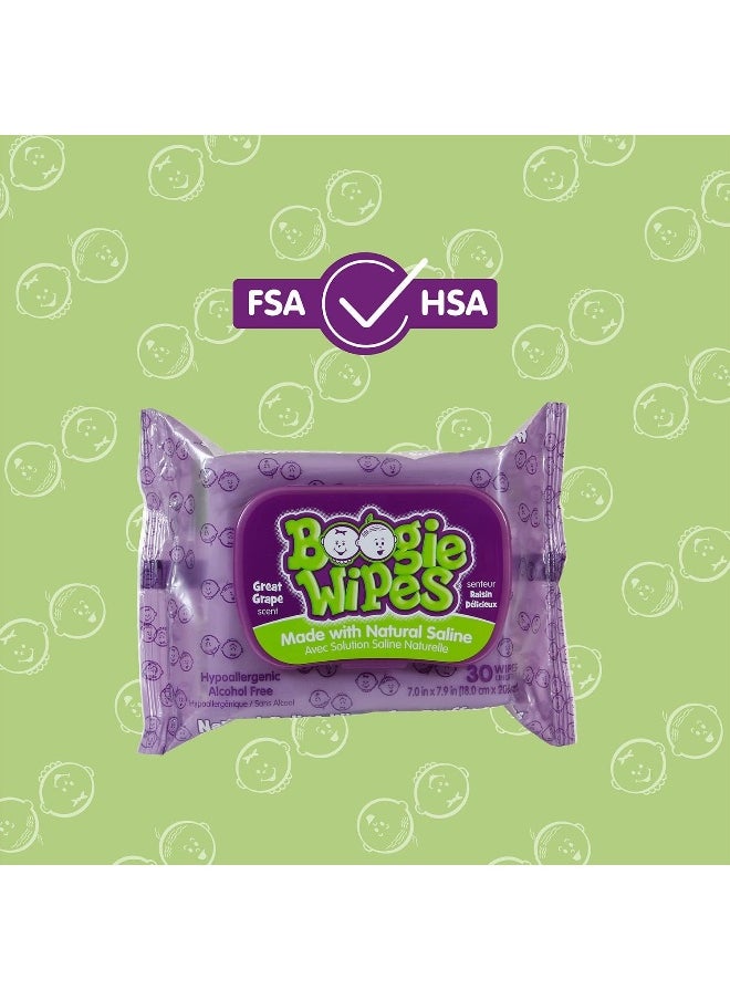 Boogie Wipes Soft Natural Saline Wet Tissues for Baby and Kids Sensitive Nose, Hand and Face with Moisturizing Aloe, Chamomile and Vitamin E, Grape Scent, 30 Count/Pack of 6