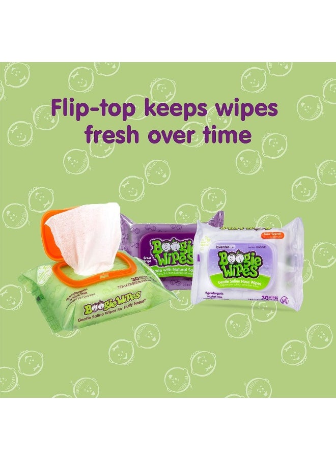 Boogie Wipes Soft Natural Saline Wet Tissues for Baby and Kids Sensitive Nose, Hand and Face with Moisturizing Aloe, Chamomile and Vitamin E, Grape Scent, 30 Count/Pack of 6
