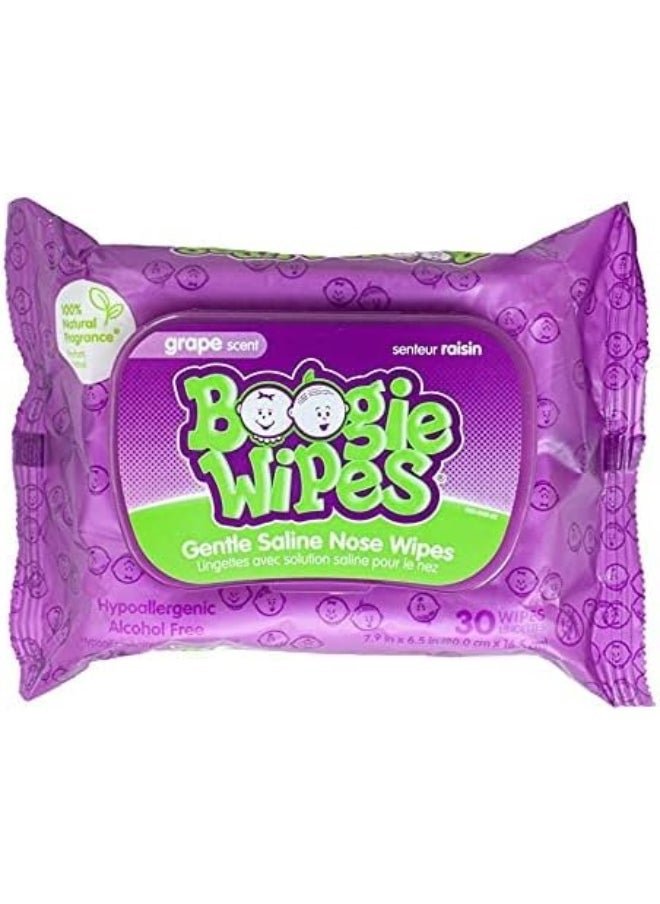 Boogie Wipes Soft Natural Saline Wet Tissues for Baby and Kids Sensitive Nose, Hand and Face with Moisturizing Aloe, Chamomile and Vitamin E, Grape Scent, 30 Count/Pack of 6