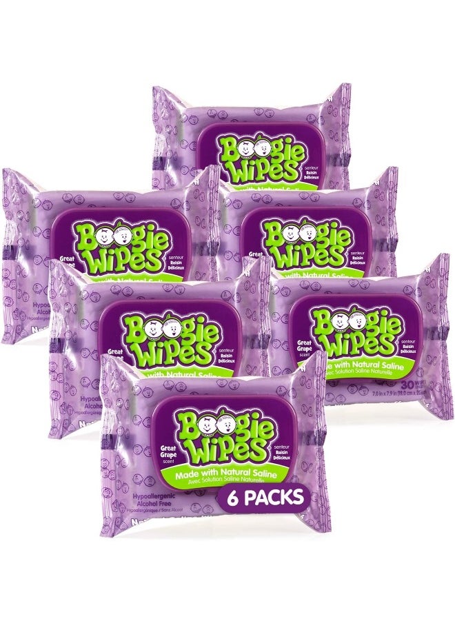 Boogie Wipes Soft Natural Saline Wet Tissues for Baby and Kids Sensitive Nose, Hand and Face with Moisturizing Aloe, Chamomile and Vitamin E, Grape Scent, 30 Count/Pack of 6