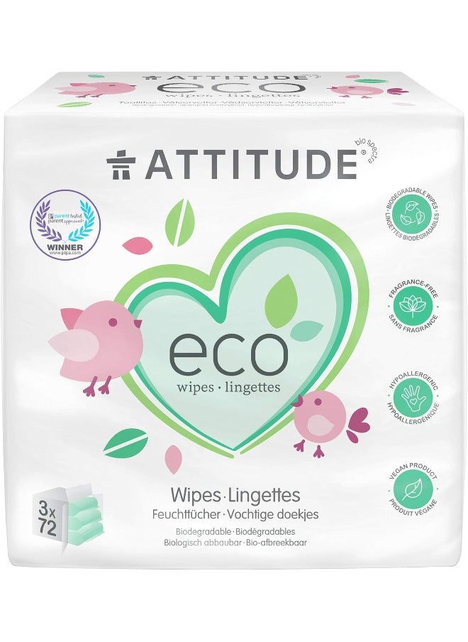ATTITUDE Biodegradable Baby Wipes, Plant Based Unscented Diaper Wipes for Babies and Newborn, Dermatologically Tested, Vegan, 72 Count (Pack of 3)