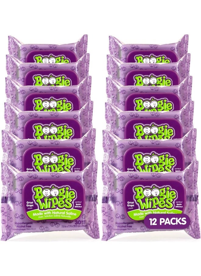 Baby Wipes by Boogie Wipes, Wet Wipes for Face, Hand, Body & Nose, Made with Vitamin E, Aloe, Chamomile and Natural Saline, Grape Scent, 30 Count, Pack of 12