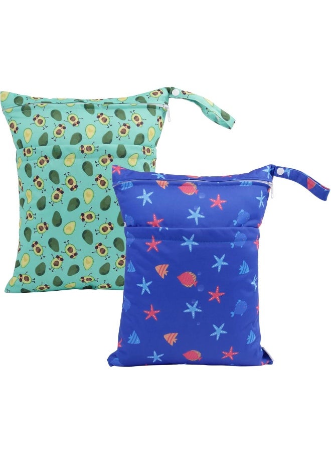 ALVABABY 2pcs Cloth Diaper Wet Dry Bags Waterproof Reusable with Two Zippered Pockets Travel Beach Pool Daycare Soiled Baby Items Yoga Gym Bag for Swimsuits or Wet Clothes