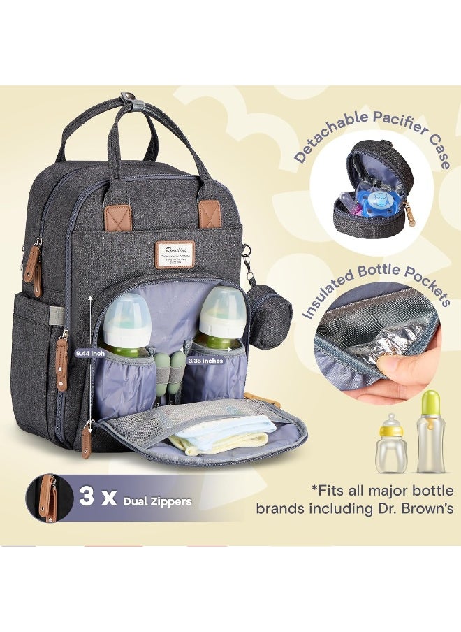 RUVALINO Baby Changing Bag with Pacifier Bag, Multifunction Baby Diaper Bag Travel Back Pack with Changing Mat for Mom and Dad