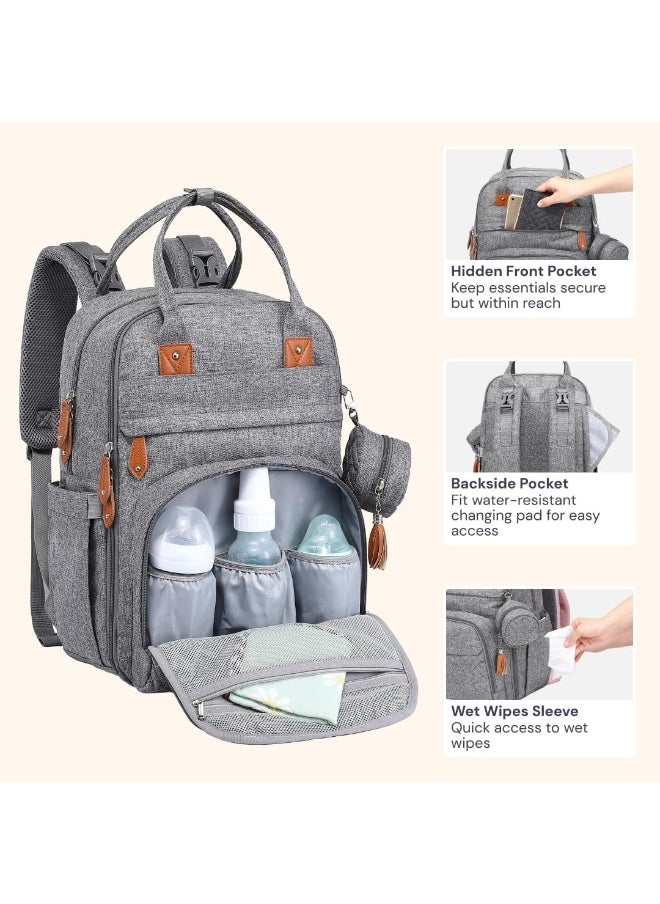 BabbleRoo Diaper Bag Backpack, Nappy Changing Bags Multifunction Waterproof Travel Back Pack with Changing Pad & Stroller Straps & Pacifier Case, Unisex and Stylish (Gray)