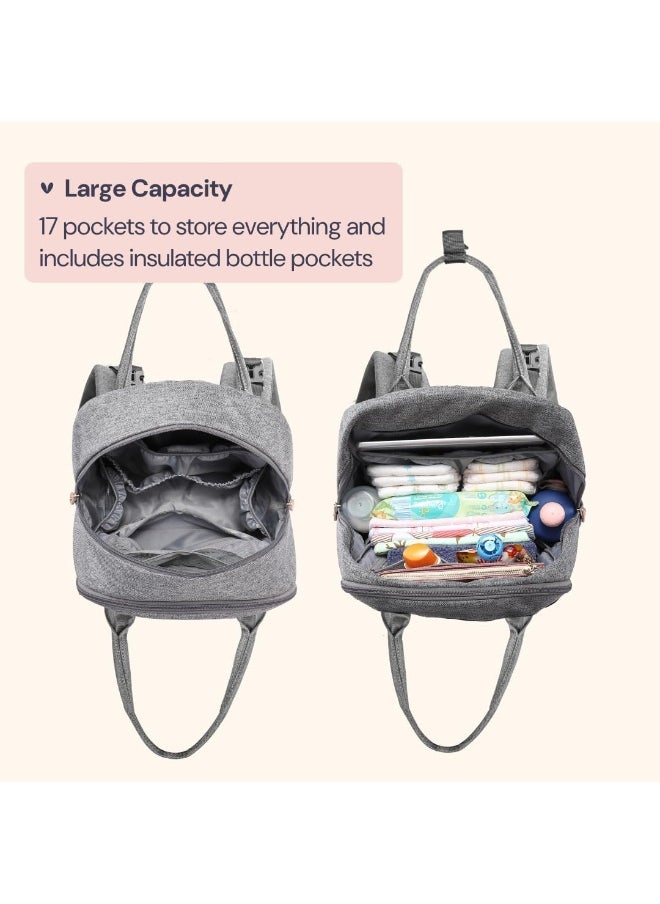 BabbleRoo Diaper Bag Backpack, Nappy Changing Bags Multifunction Waterproof Travel Back Pack with Changing Pad & Stroller Straps & Pacifier Case, Unisex and Stylish (Gray)