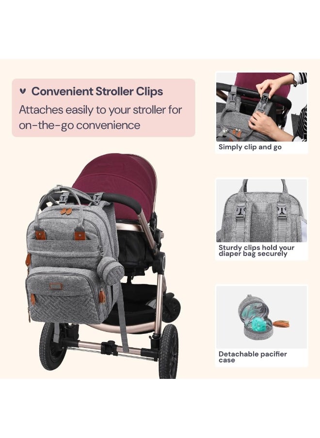 BabbleRoo Diaper Bag Backpack, Nappy Changing Bags Multifunction Waterproof Travel Back Pack with Changing Pad & Stroller Straps & Pacifier Case, Unisex and Stylish (Gray)