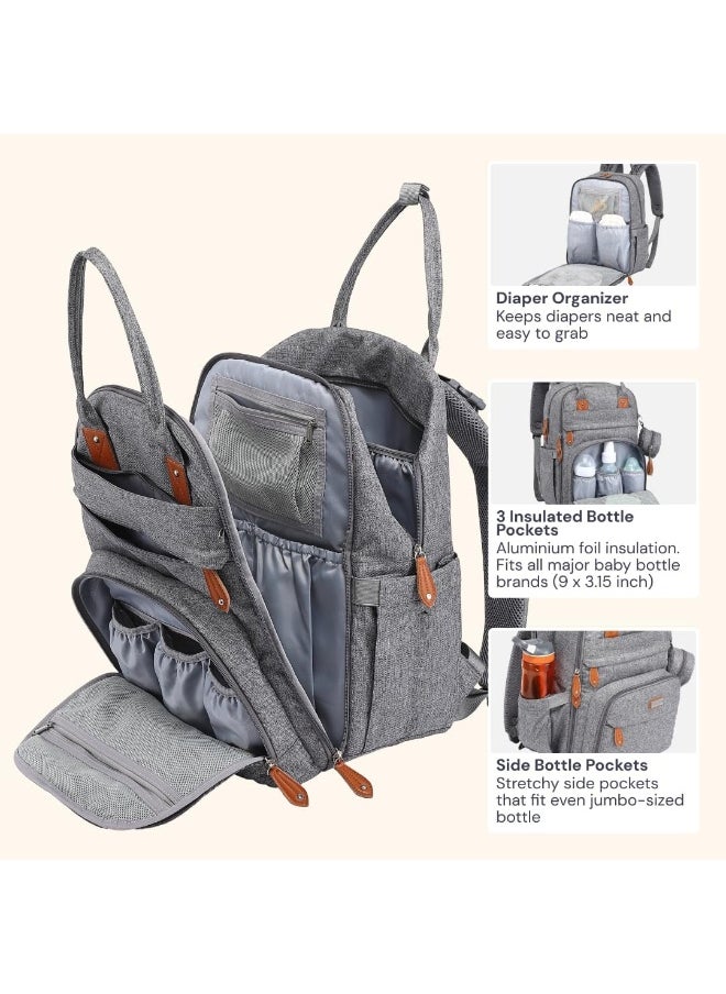 BabbleRoo Diaper Bag Backpack, Nappy Changing Bags Multifunction Waterproof Travel Back Pack with Changing Pad & Stroller Straps & Pacifier Case, Unisex and Stylish (Gray)
