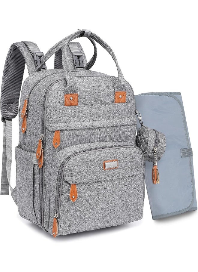 BabbleRoo Diaper Bag Backpack, Nappy Changing Bags Multifunction Waterproof Travel Back Pack with Changing Pad & Stroller Straps & Pacifier Case, Unisex and Stylish (Gray)