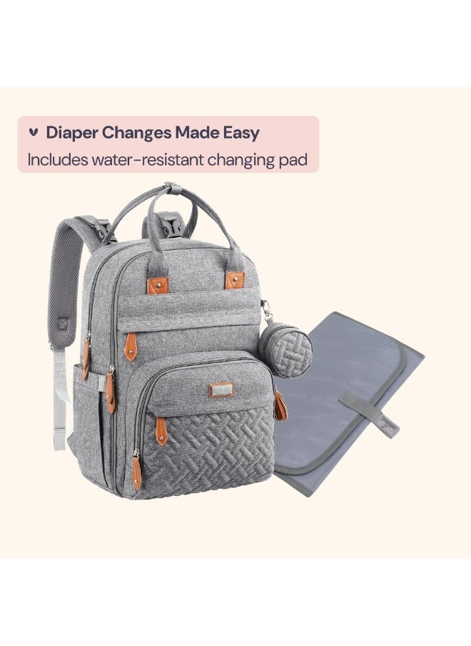 BabbleRoo Diaper Bag Backpack, Nappy Changing Bags Multifunction Waterproof Travel Back Pack with Changing Pad & Stroller Straps & Pacifier Case, Unisex and Stylish (Gray)