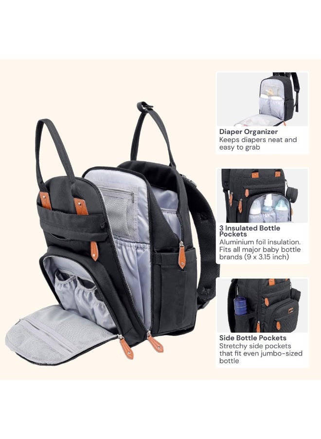 BabbleRoo Diaper Bag Backpack - Tote - Multi function Waterproof Diaper Bag, Travel Essentials Baby Bag with Changing Pad, Stroller Straps & Pacifier Case - Unisex, Black