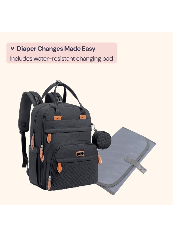 BabbleRoo Diaper Bag Backpack - Tote - Multi function Waterproof Diaper Bag, Travel Essentials Baby Bag with Changing Pad, Stroller Straps & Pacifier Case - Unisex, Black