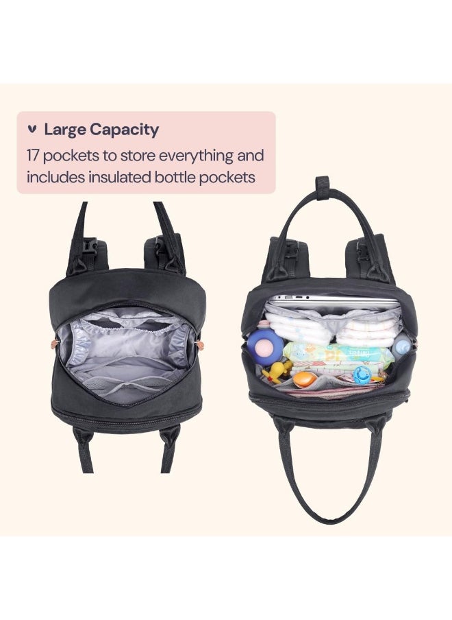 BabbleRoo Diaper Bag Backpack - Tote - Multi function Waterproof Diaper Bag, Travel Essentials Baby Bag with Changing Pad, Stroller Straps & Pacifier Case - Unisex, Black