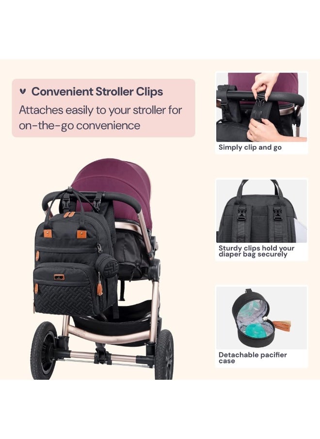 BabbleRoo Diaper Bag Backpack - Tote - Multi function Waterproof Diaper Bag, Travel Essentials Baby Bag with Changing Pad, Stroller Straps & Pacifier Case - Unisex, Black