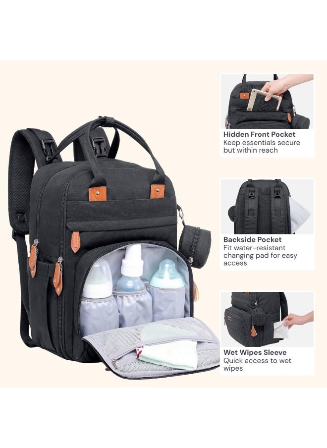 BabbleRoo Diaper Bag Backpack - Tote - Multi function Waterproof Diaper Bag, Travel Essentials Baby Bag with Changing Pad, Stroller Straps & Pacifier Case - Unisex, Black