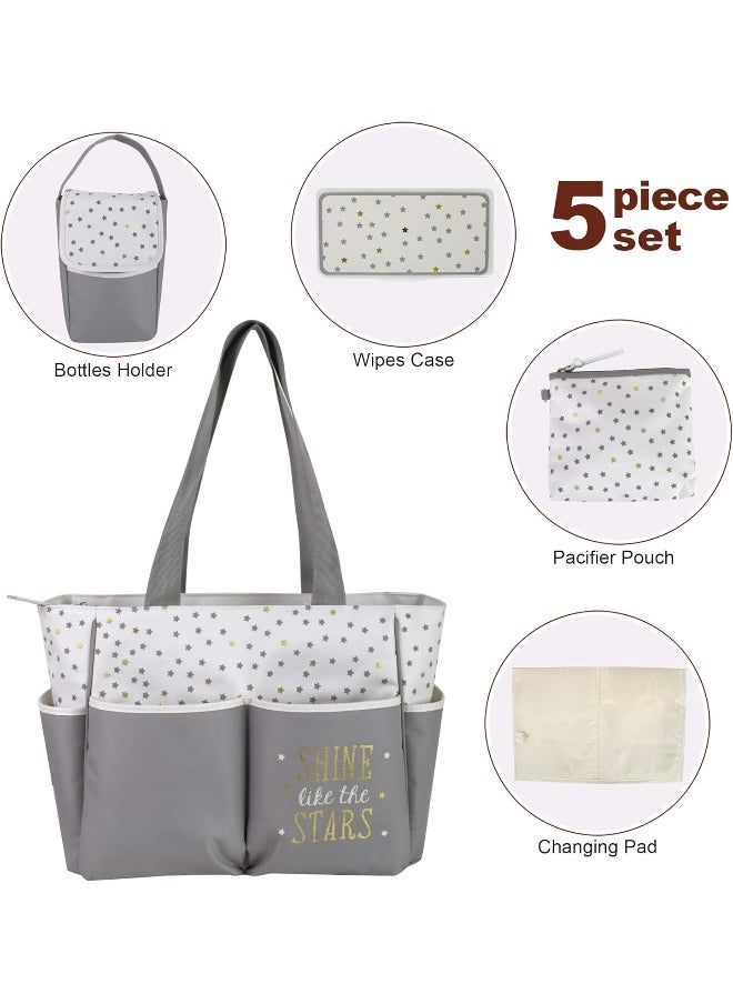 Diaper Bag Tote 5 Piece Set with Sun, Moon, and Stars, Wipes Pocket, Dirty Diaper Pouch, Changing Pad