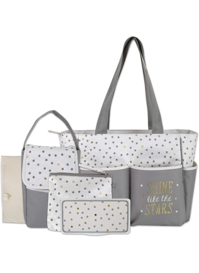 Diaper Bag Tote 5 Piece Set with Sun, Moon, and Stars, Wipes Pocket, Dirty Diaper Pouch, Changing Pad