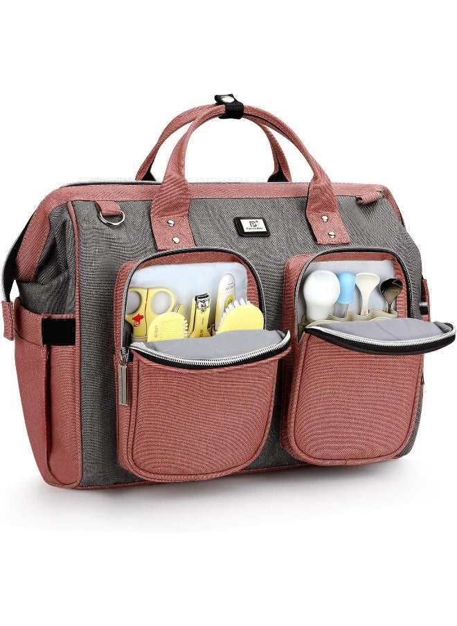 Pomelo Best Multifunctional Diaper Bag Totes with Changing Pad & Stroller Straps, Large Portable Newborn Baby Bags, Unisex and Stylish Travel Diaper Backpacks for Mom and Dad, Grey with Pink