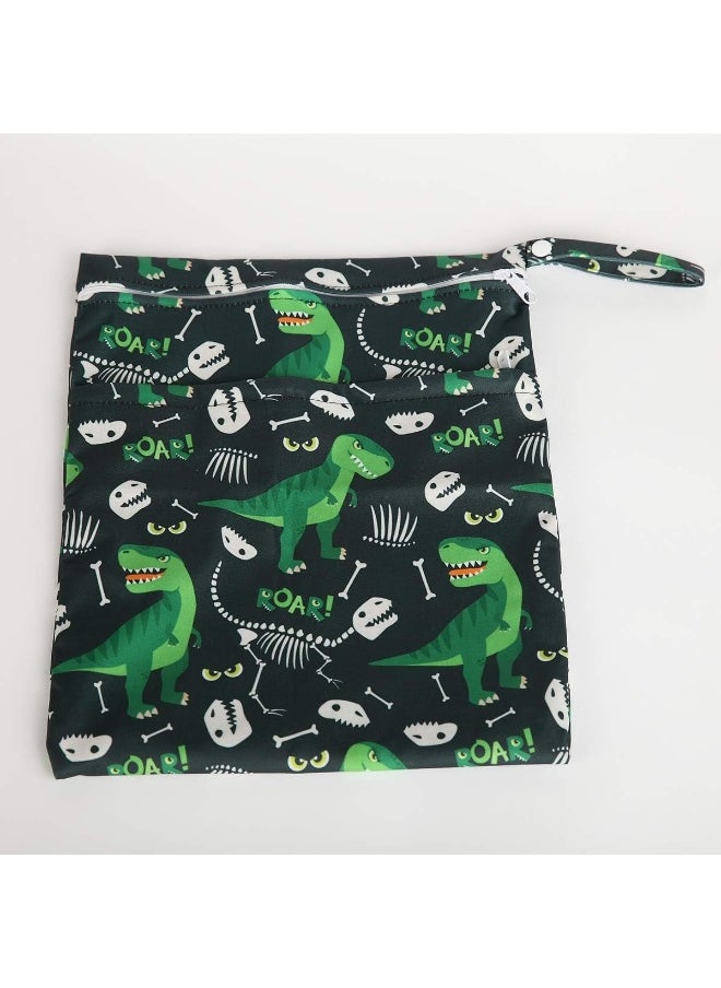 Sigzagor Wet Bag Baby Cloth Diaper Nappy Bag Reusable With Two Zippered Pockets Boys (Green Dinosaur)