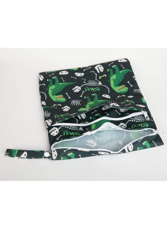 Sigzagor Wet Bag Baby Cloth Diaper Nappy Bag Reusable With Two Zippered Pockets Boys (Green Dinosaur)