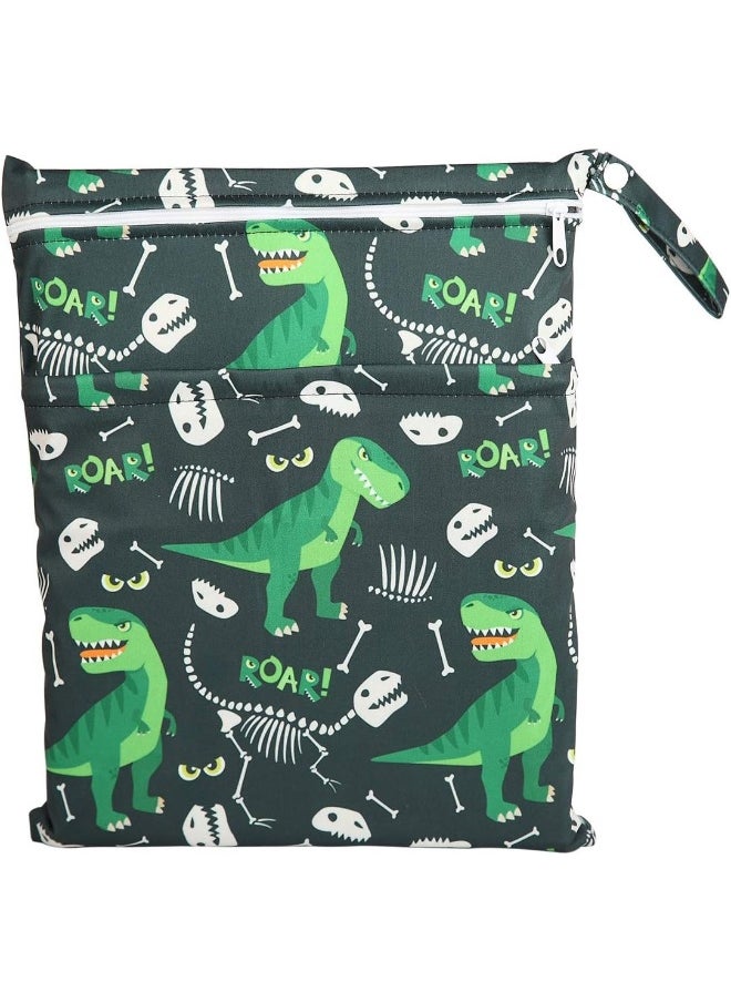Sigzagor Wet Bag Baby Cloth Diaper Nappy Bag Reusable With Two Zippered Pockets Boys (Green Dinosaur)
