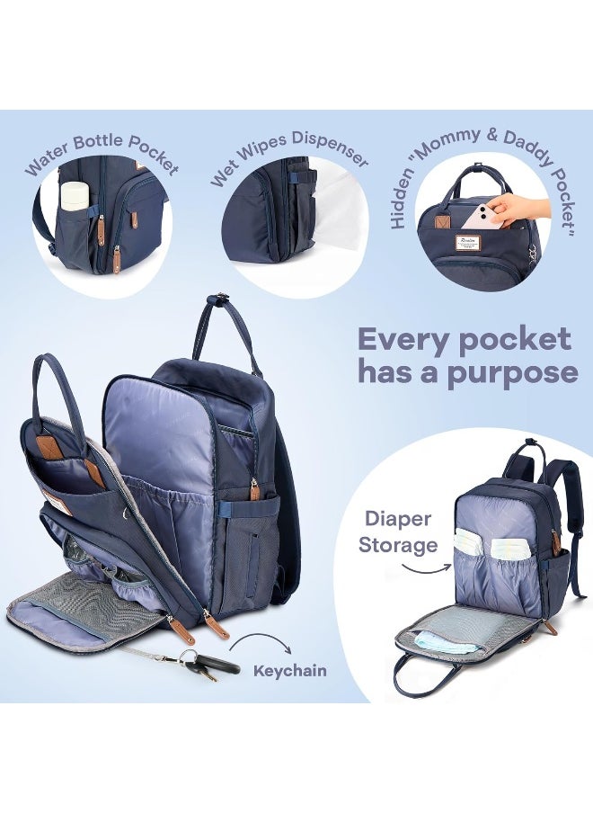 RUVALINO Diaper Bag Backpack, Multifunction Travel Back Pack Maternity Baby Changing Bags, Diaper Changing Totes, Waterproof and Stylish, Navy Blue