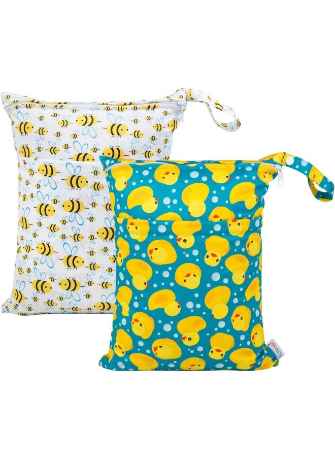 ALVABABY 2pcs Cloth Diaper Wet Dry Bags Waterproof Reusable with Two Zippered Pockets Travel Beach Pool Daycare Soiled Baby Items Yoga Gym Bag for Swimsuits or Wet Clothes