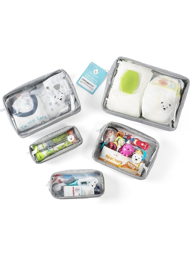 Beary Tidy 5 Piece Diaper Bag Organizer Pouch Set, Clear with Zippers and Nestable