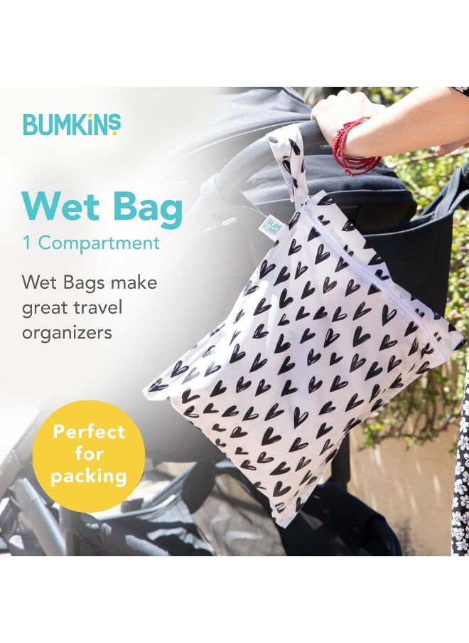 Bumkins Waterproof Wet Bag, Washable, Reusable for Travel, Beach, Pool, Stroller, Diapers, Dirty Gym Clothes, Wet Swimsuits, Toiletries, 12x14 – Black Hearts
