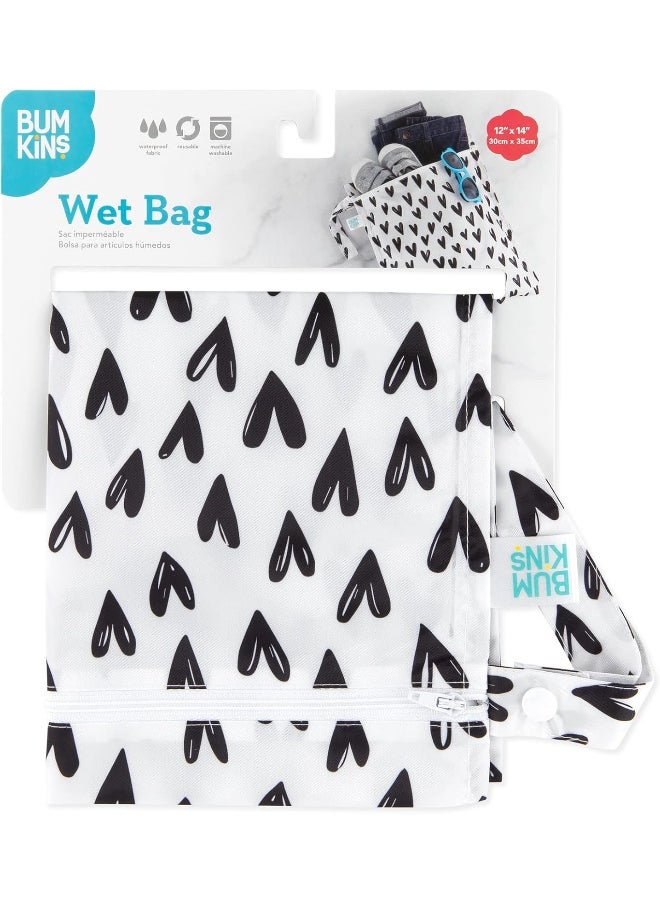 Bumkins Waterproof Wet Bag, Washable, Reusable for Travel, Beach, Pool, Stroller, Diapers, Dirty Gym Clothes, Wet Swimsuits, Toiletries, 12x14 – Black Hearts