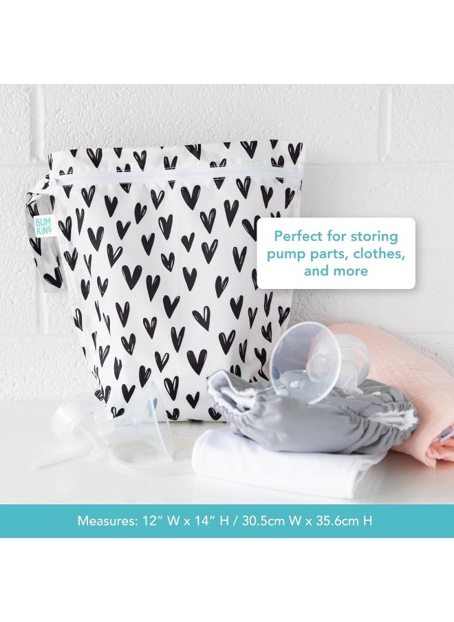 Bumkins Waterproof Wet Bag, Washable, Reusable for Travel, Beach, Pool, Stroller, Diapers, Dirty Gym Clothes, Wet Swimsuits, Toiletries, 12x14 – Black Hearts