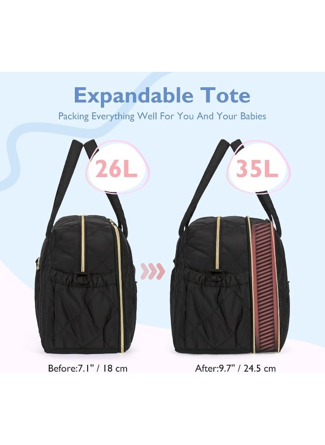 mommore Diaper Bag Tote Large Expandable Baby Travel Tote for 2 Kids Twins, Quilted Hospital Bag for Mom, Weekender