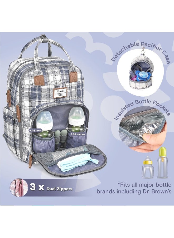 RUVALINO Diaper Bag Backpack, Multifunction Travel Pack Maternity Baby Changing Bags, Large Capacity, Waterproof, Blue Plaid
