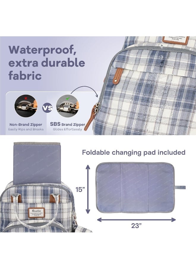 RUVALINO Diaper Bag Backpack, Multifunction Travel Pack Maternity Baby Changing Bags, Large Capacity, Waterproof, Blue Plaid